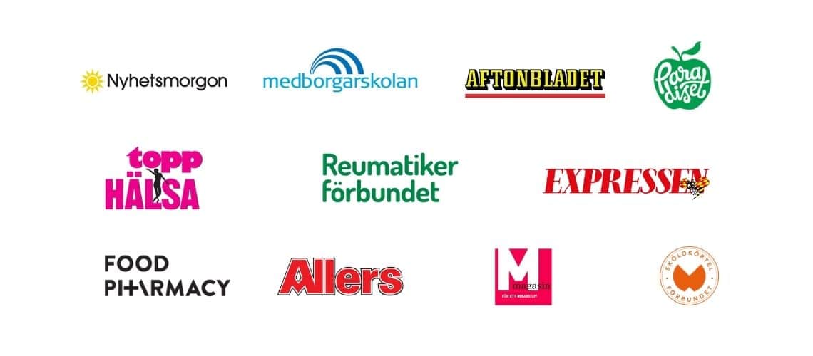 Nyhetsmorgon, Medborgarskolan, Aftonbladet, Paradiset, ToppHälsa, Reumatikerförbundet, Expressen, Food Pharmacy, Allers, M Magasin, Sköldkörtelförbundet