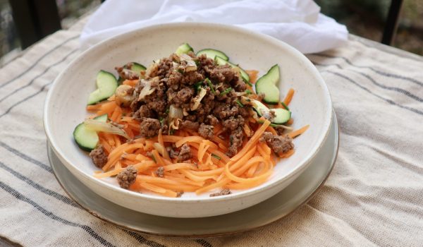 Köttfärsröra med lök, svamp & sötpotatisnudlar